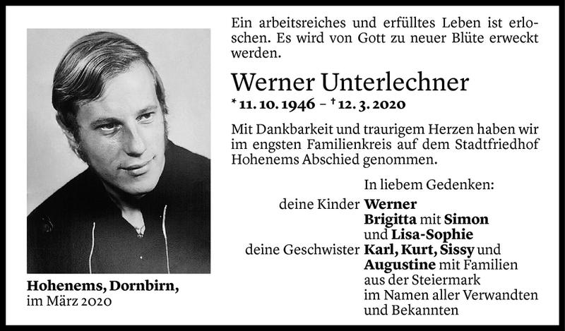  Todesanzeige für Werner Unterlechner vom 27.03.2020 aus Vorarlberger Nachrichten