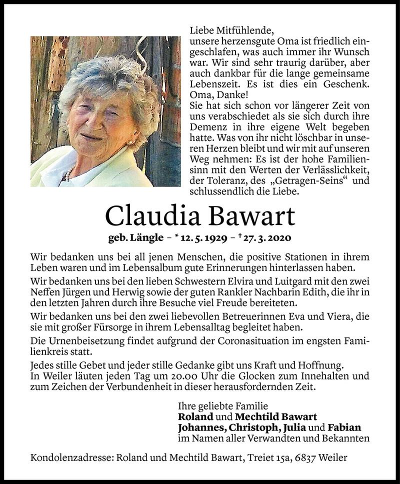  Todesanzeige für Claudia Bawart vom 28.03.2020 aus Vorarlberger Nachrichten