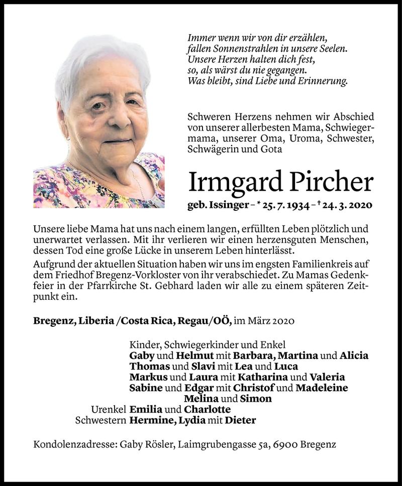  Todesanzeige für Irmgard Pircher vom 01.04.2020 aus Vorarlberger Nachrichten