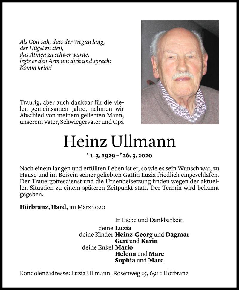  Todesanzeige für Heinz Ullmann vom 31.03.2020 aus Vorarlberger Nachrichten