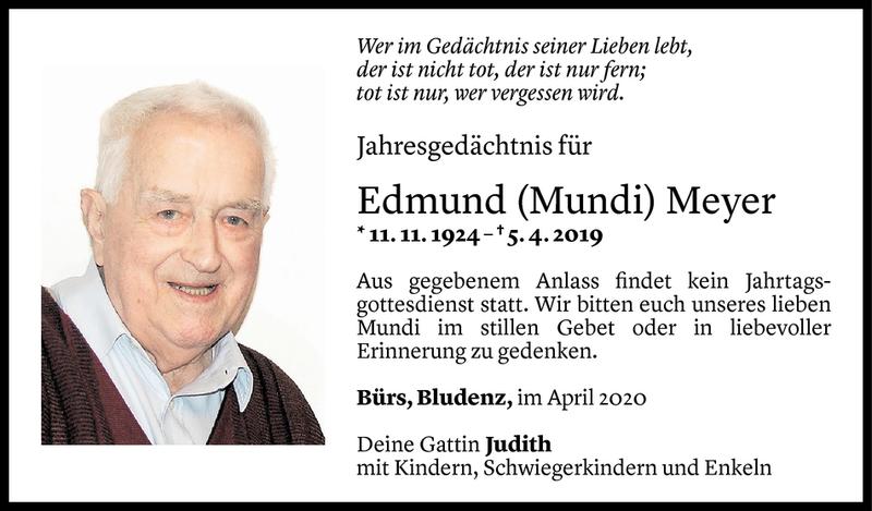  Todesanzeige für Edmund Meyer vom 04.04.2020 aus Vorarlberger Nachrichten