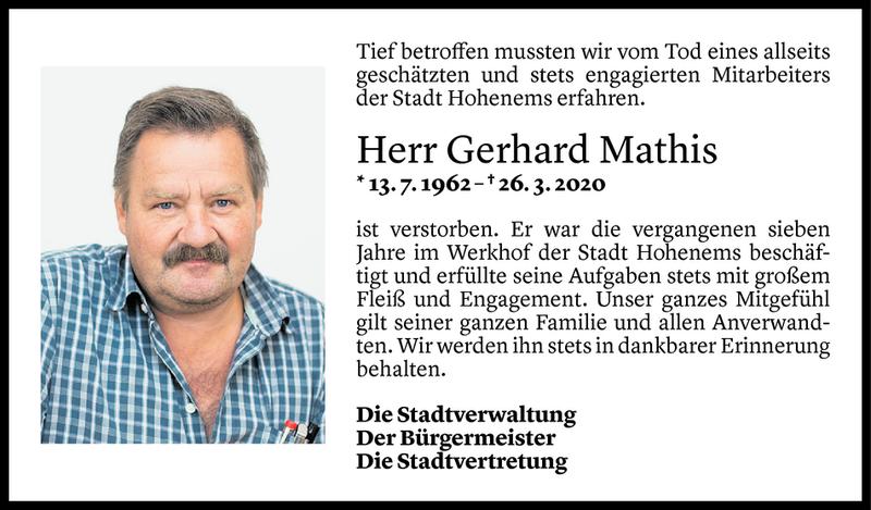  Todesanzeige für Gerhard Mathis vom 01.04.2020 aus Vorarlberger Nachrichten