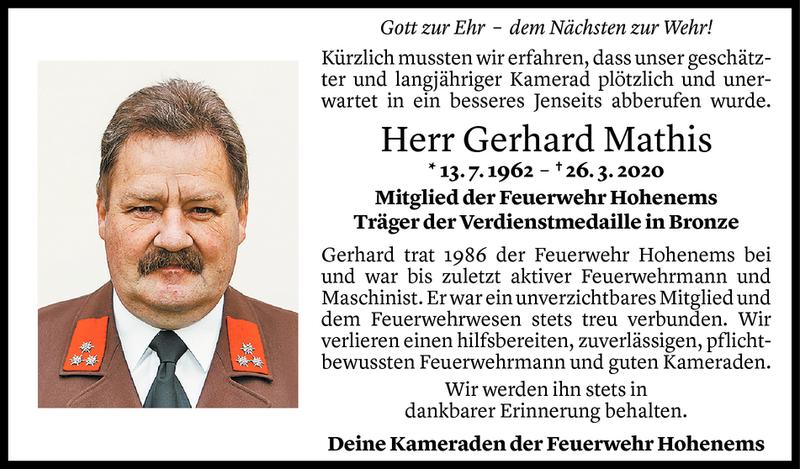  Todesanzeige für Gerhard Mathis vom 01.04.2020 aus Vorarlberger Nachrichten