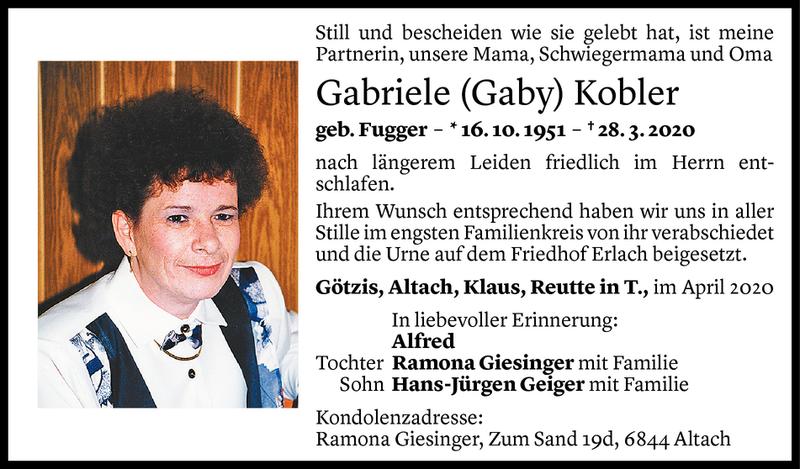  Todesanzeige für Gabriele Kobler vom 04.04.2020 aus Vorarlberger Nachrichten