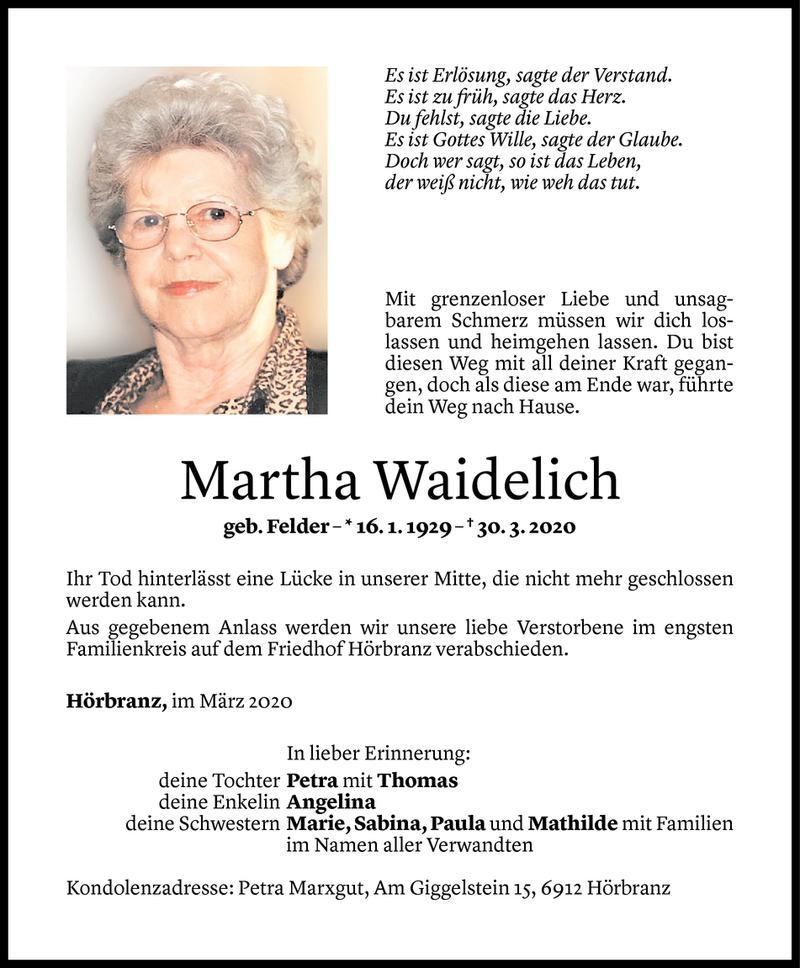  Todesanzeige für Martha Waidelich vom 01.04.2020 aus Vorarlberger Nachrichten
