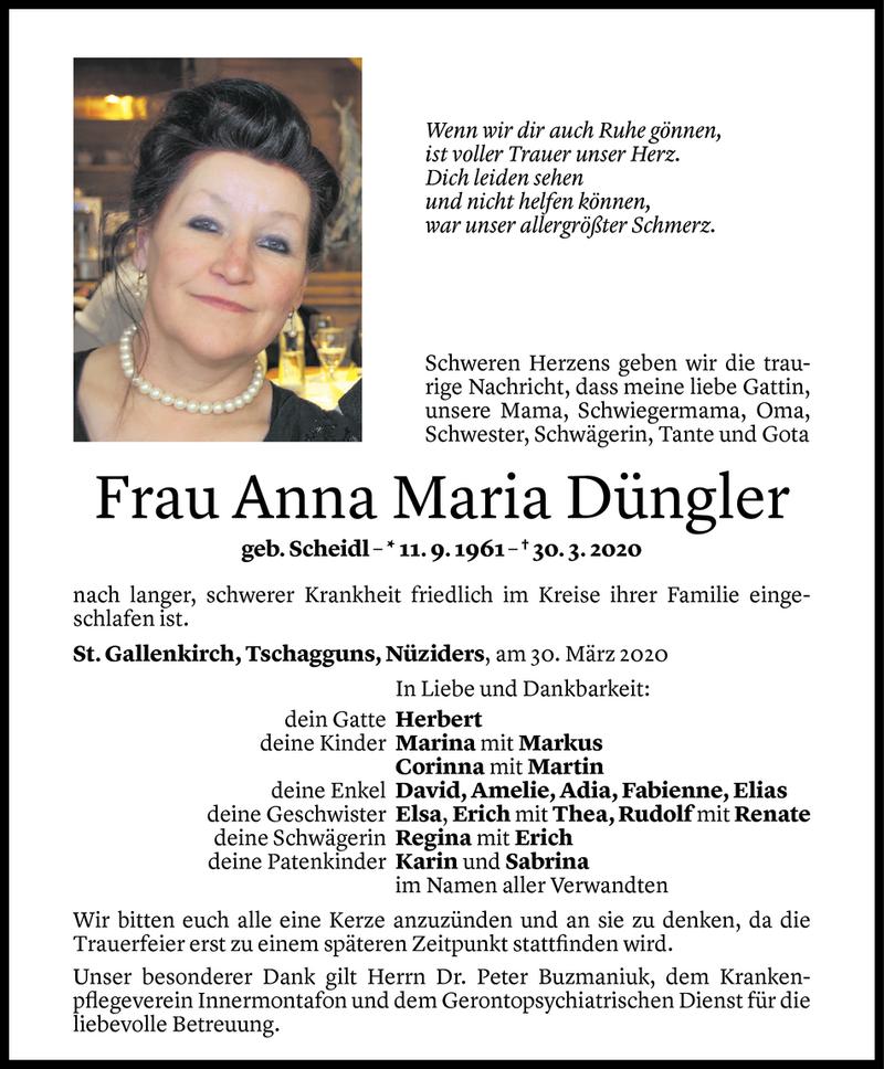  Todesanzeige für Anna Maria Düngler vom 02.04.2020 aus Vorarlberger Nachrichten