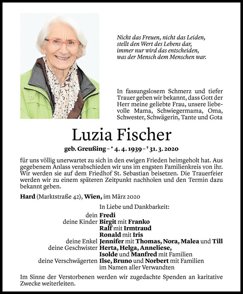  Todesanzeige für Luzia Fischer vom 02.04.2020 aus Vorarlberger Nachrichten