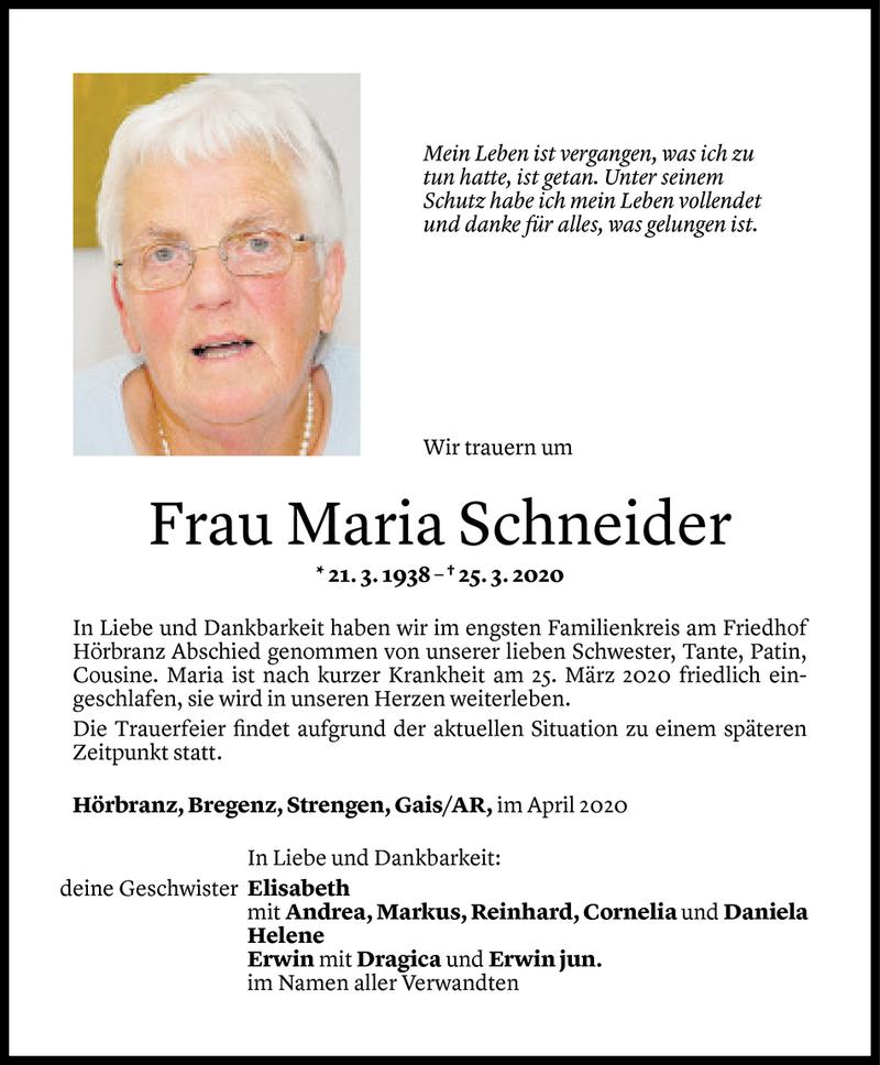  Todesanzeige für Maria Schneider vom 02.04.2020 aus Vorarlberger Nachrichten