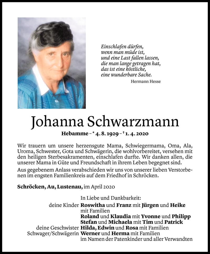  Todesanzeige für Johanna Schwarzmann vom 03.04.2020 aus Vorarlberger Nachrichten