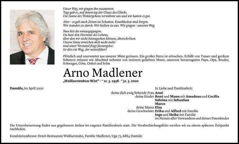  Todesanzeige für Arno Madlener vom 03.04.2020 aus Vorarlberger Nachrichten