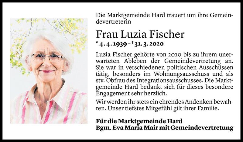  Todesanzeige für Luzia Fischer vom 03.04.2020 aus Vorarlberger Nachrichten