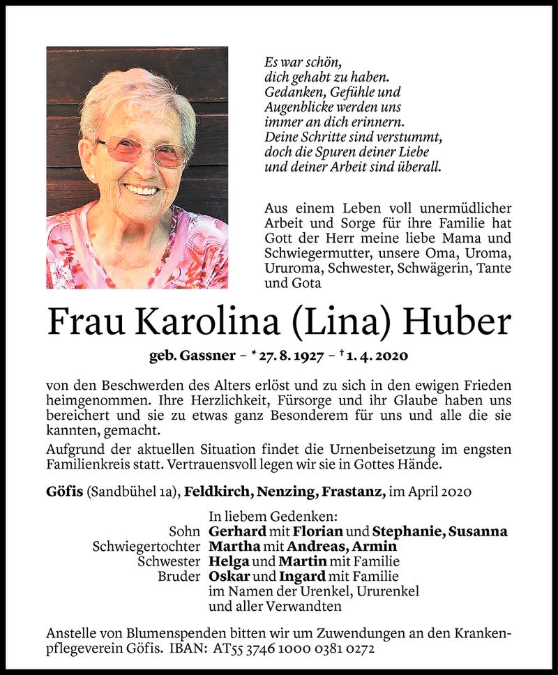  Todesanzeige für Karolina Huber vom 04.04.2020 aus Vorarlberger Nachrichten