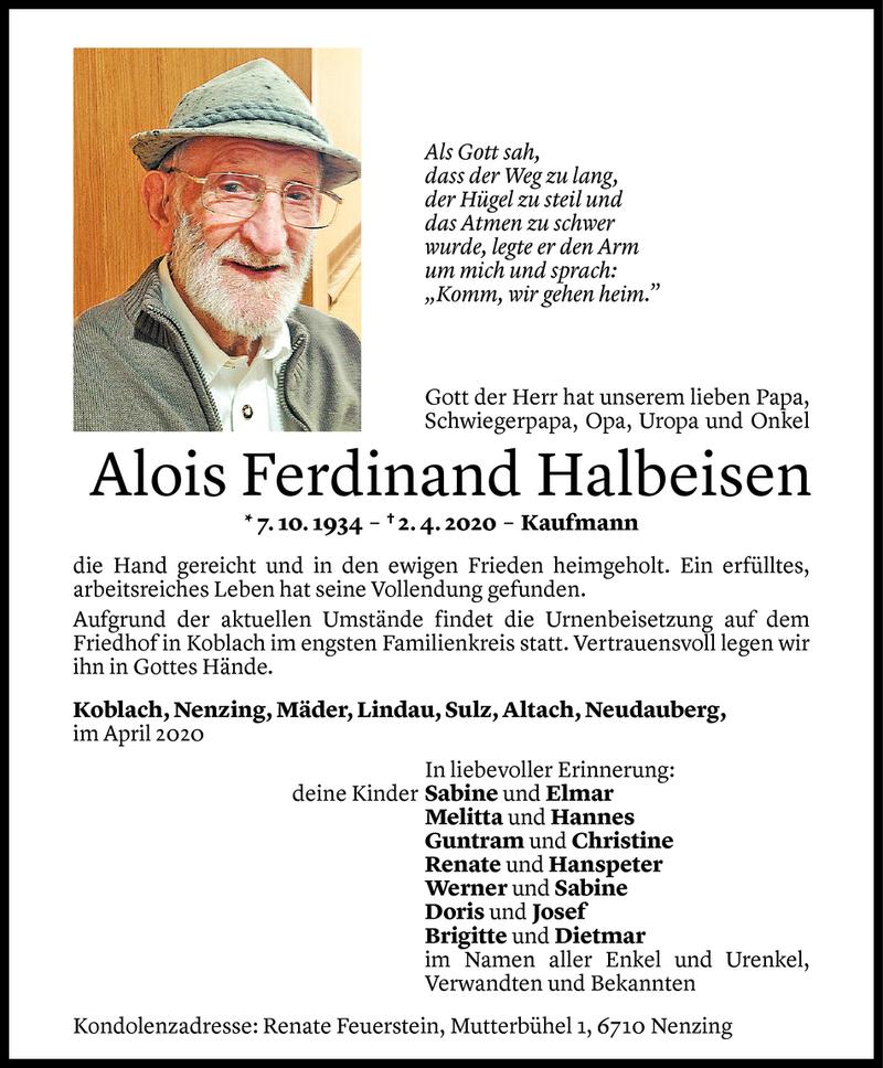  Todesanzeige für Alois Ferdinand Halbeisen vom 07.04.2020 aus Vorarlberger Nachrichten