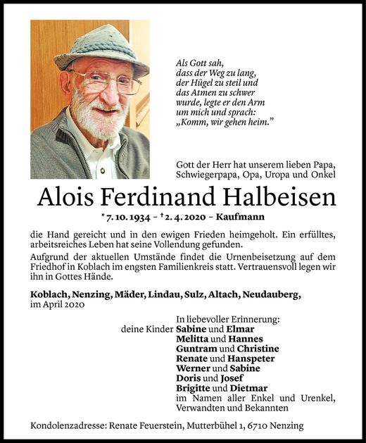 Todesanzeige von Alois Ferdinand Halbeisen von Vorarlberger Nachrichten
