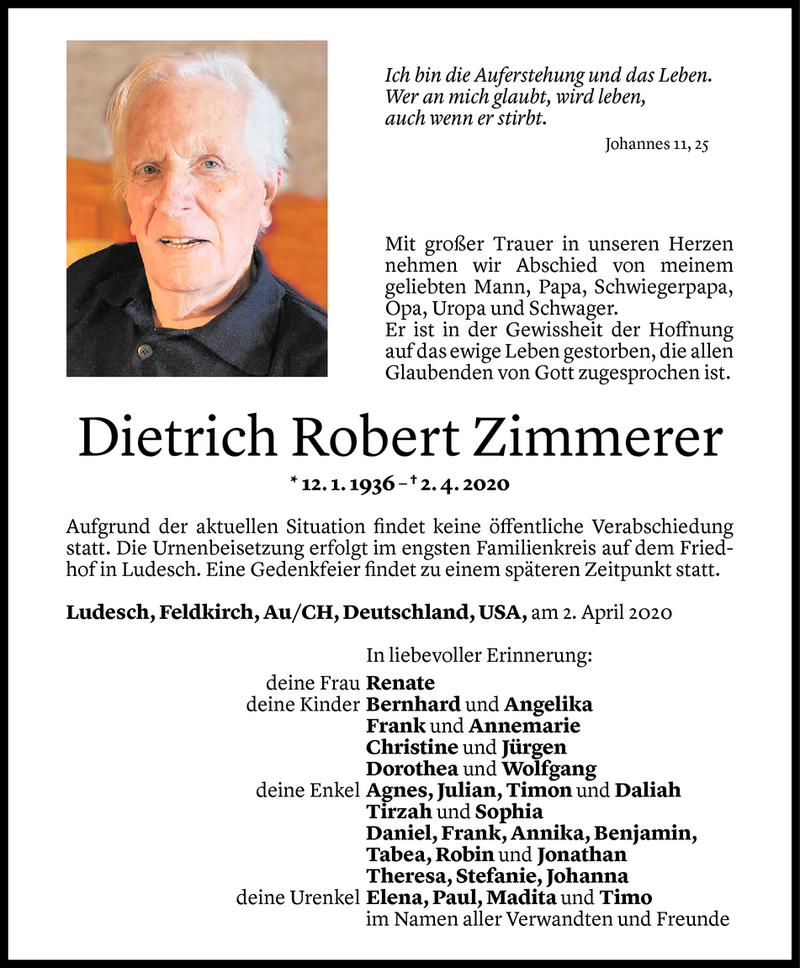  Todesanzeige für Dietrich Robert Zimmerer vom 03.04.2020 aus Vorarlberger Nachrichten