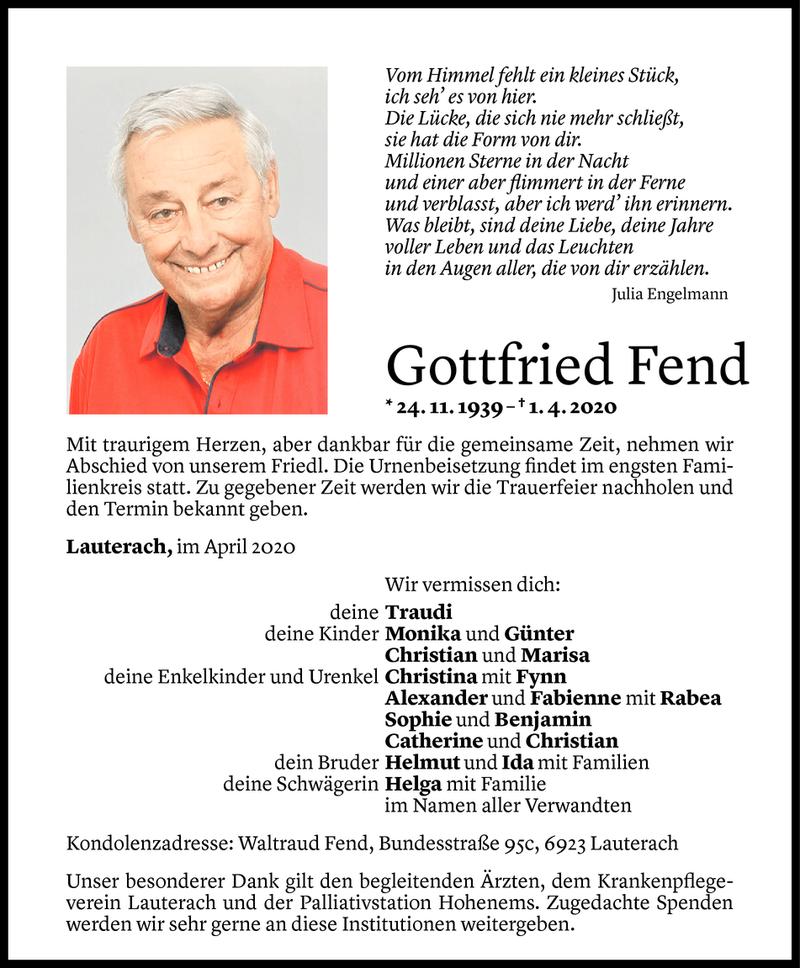  Todesanzeige für Gottfried Fend vom 03.04.2020 aus Vorarlberger Nachrichten