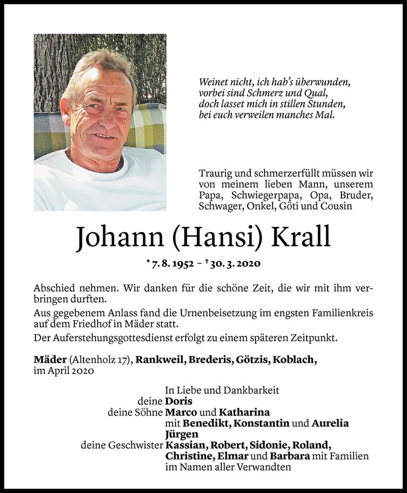  Todesanzeige für Johann Krall vom 04.04.2020 aus Vorarlberger Nachrichten