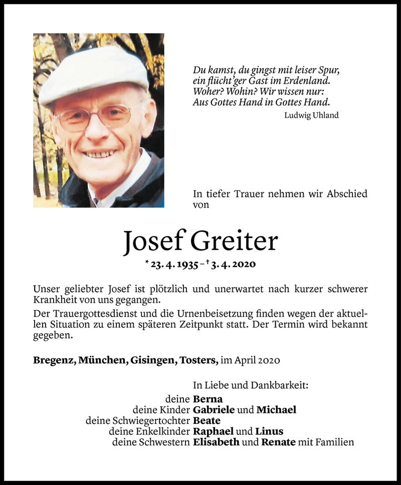  Todesanzeige für Josef Greiter vom 06.04.2020 aus Vorarlberger Nachrichten