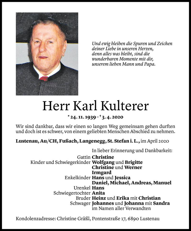  Todesanzeige für Karl Kulterer vom 06.04.2020 aus Vorarlberger Nachrichten
