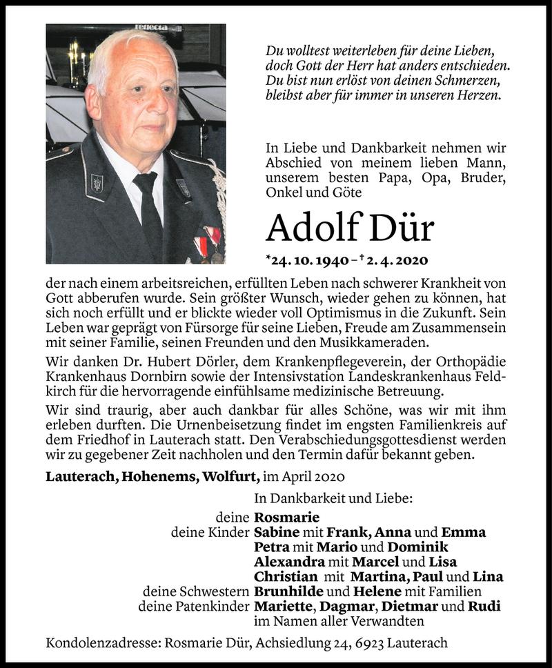  Todesanzeige für Adolf Dür vom 07.04.2020 aus Vorarlberger Nachrichten