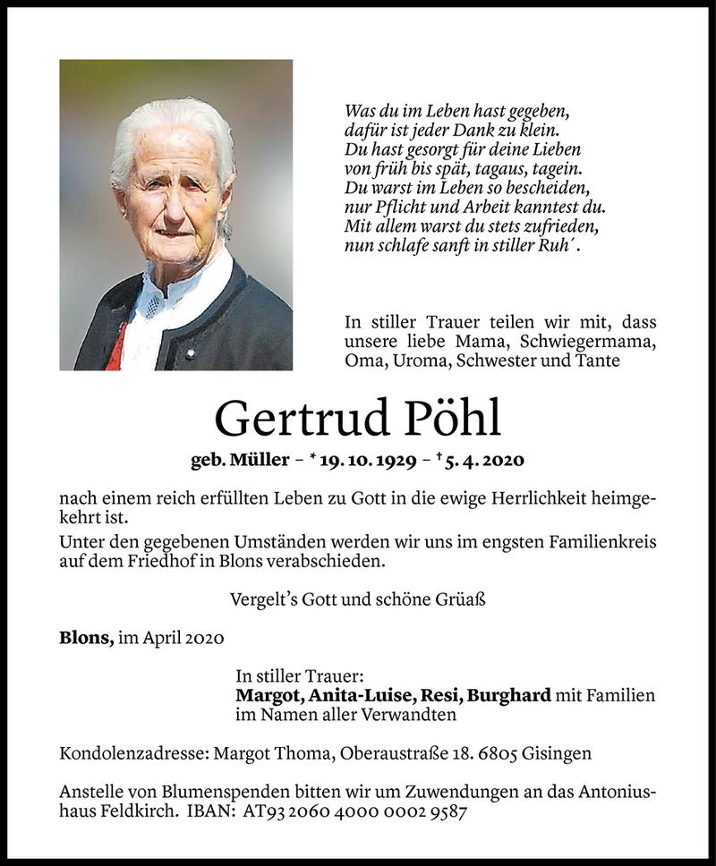  Todesanzeige für Gertrud Pöhl vom 07.04.2020 aus Vorarlberger Nachrichten