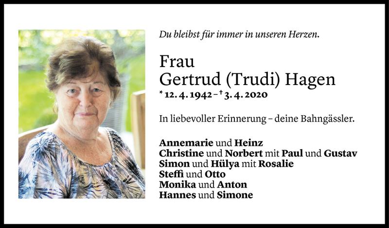  Todesanzeige für Trudi Hagen vom 08.04.2020 aus Vorarlberger Nachrichten