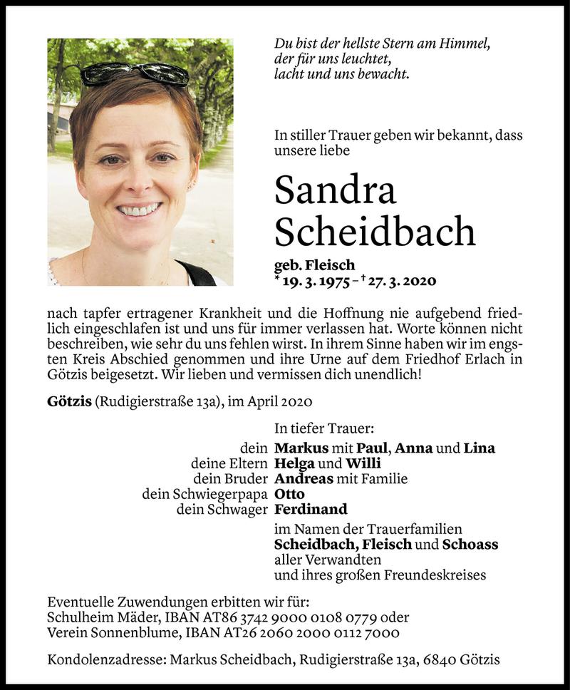  Todesanzeige für Sandra Scheidbach vom 08.04.2020 aus Vorarlberger Nachrichten