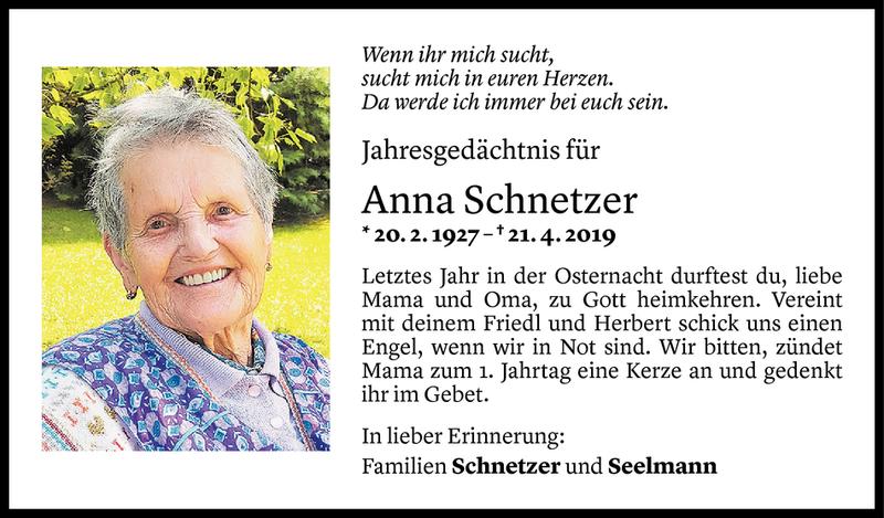  Todesanzeige für Anna Schnetzer vom 20.04.2020 aus Vorarlberger Nachrichten