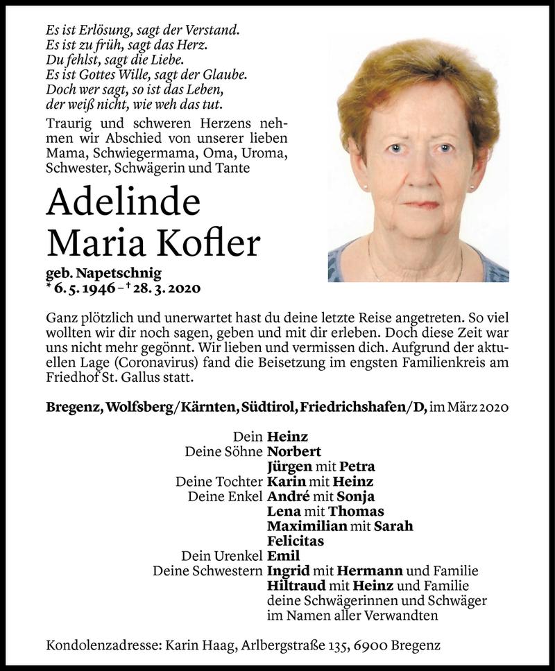  Todesanzeige für Adelinde Maria Kofler vom 09.04.2020 aus Vorarlberger Nachrichten