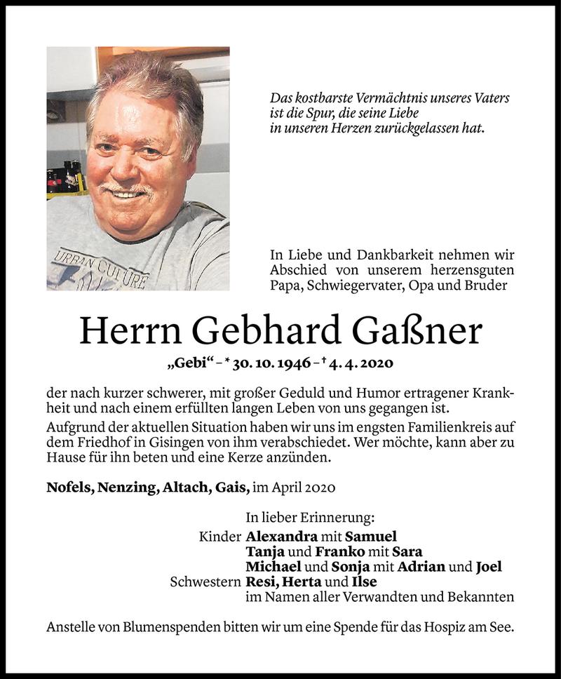  Todesanzeige für Gebhard Gaßner vom 10.04.2020 aus Vorarlberger Nachrichten