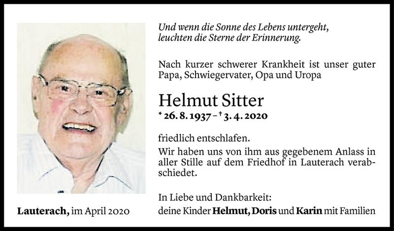  Todesanzeige für Helmut Sitter vom 18.04.2020 aus Vorarlberger Nachrichten