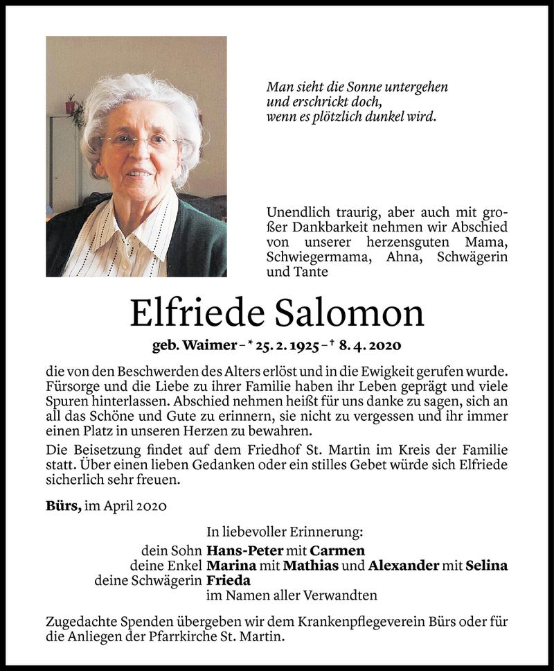  Todesanzeige für Elfriede Salomon vom 11.04.2020 aus Vorarlberger Nachrichten