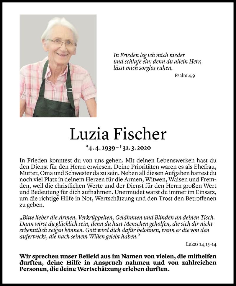  Todesanzeige für Luzia Fischer vom 10.04.2020 aus Vorarlberger Nachrichten