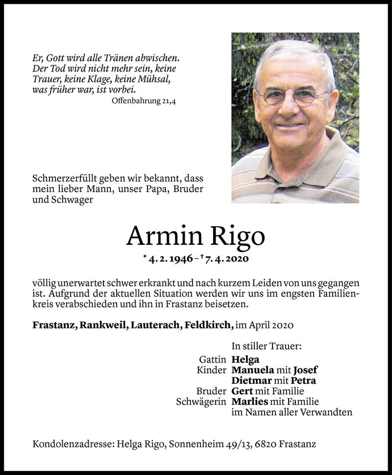  Todesanzeige für Armin Rigo vom 11.04.2020 aus Vorarlberger Nachrichten