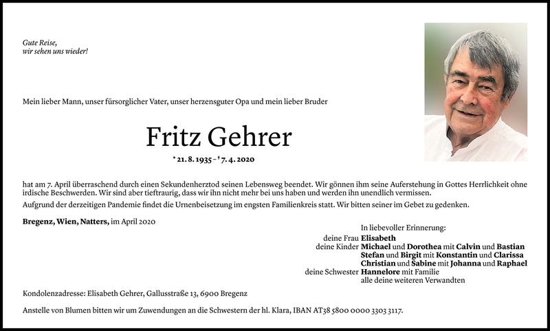  Todesanzeige für Fritz Gehrer vom 11.04.2020 aus Vorarlberger Nachrichten