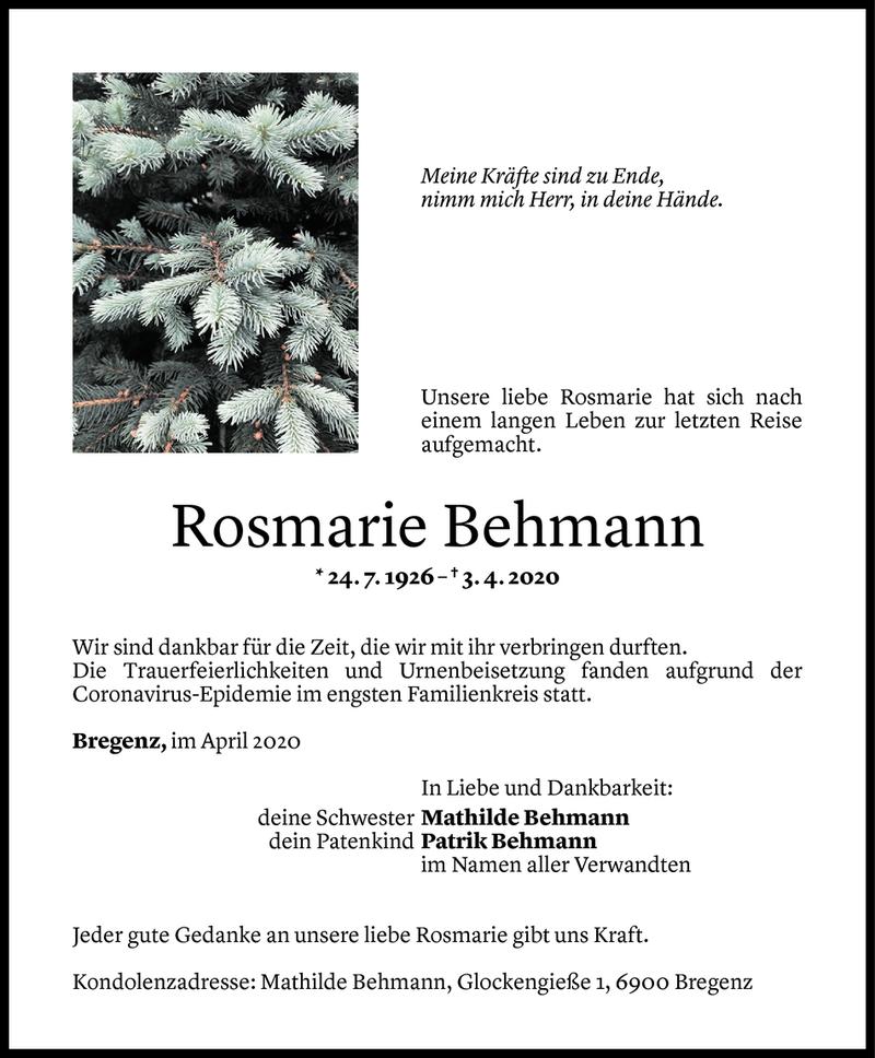  Todesanzeige für Rosmarie Behmann vom 11.04.2020 aus Vorarlberger Nachrichten