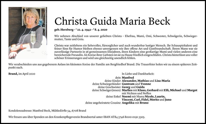  Todesanzeige für Christa Guida Maria Beck vom 10.04.2020 aus Vorarlberger Nachrichten