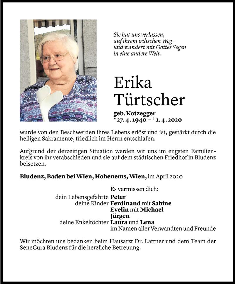  Todesanzeige für Erika Türtscher vom 18.04.2020 aus Vorarlberger Nachrichten