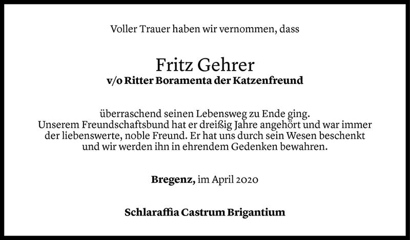  Todesanzeige für Fritz Gehrer vom 13.04.2020 aus Vorarlberger Nachrichten