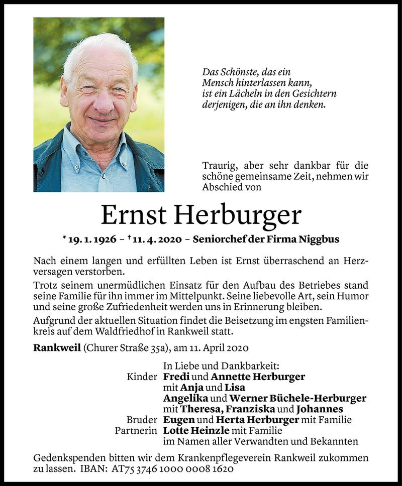 Todesanzeige für Ernst Herburger vom 15.04.2020 aus Vorarlberger Nachrichten