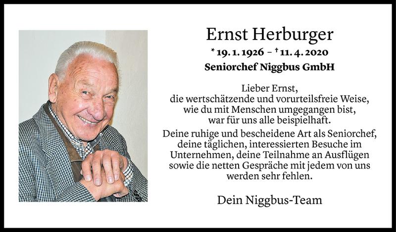  Todesanzeige für Ernst Herburger vom 15.04.2020 aus Vorarlberger Nachrichten
