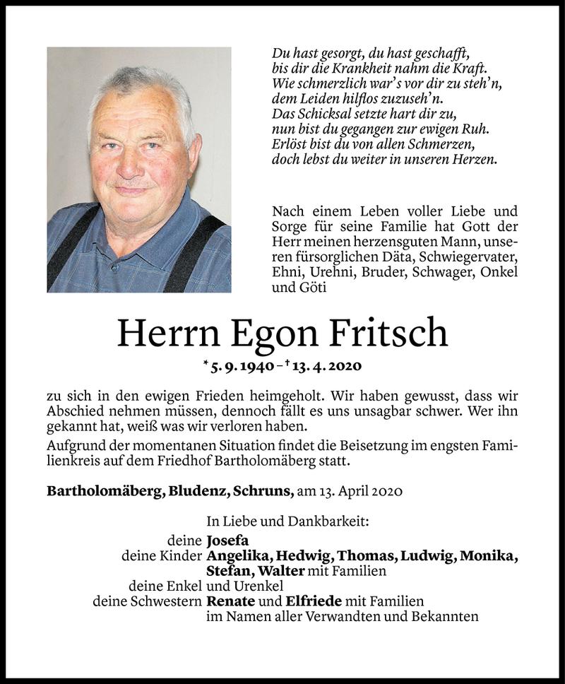  Todesanzeige für Egon Fritsch vom 14.04.2020 aus Vorarlberger Nachrichten
