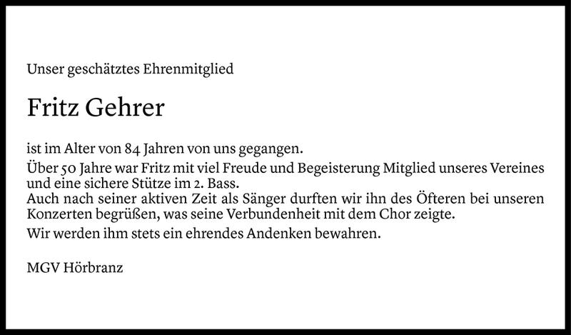  Todesanzeige für Fritz Gehrer vom 14.04.2020 aus Vorarlberger Nachrichten
