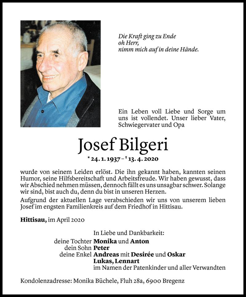  Todesanzeige für Josef Bilgeri vom 14.04.2020 aus Vorarlberger Nachrichten