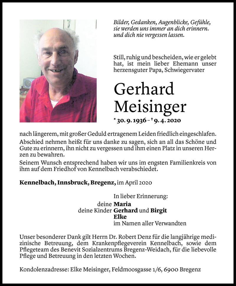  Todesanzeige für Gerhard Meisinger vom 18.04.2020 aus Vorarlberger Nachrichten