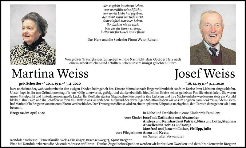  Todesanzeige für Martina und Josef Weiss vom 16.04.2020 aus Vorarlberger Nachrichten