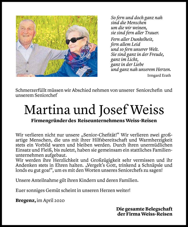  Todesanzeige für Martina und Josef Weiss vom 16.04.2020 aus Vorarlberger Nachrichten