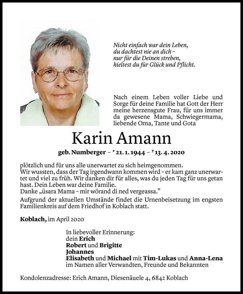  Todesanzeige für Karin Amann vom 16.04.2020 aus Vorarlberger Nachrichten