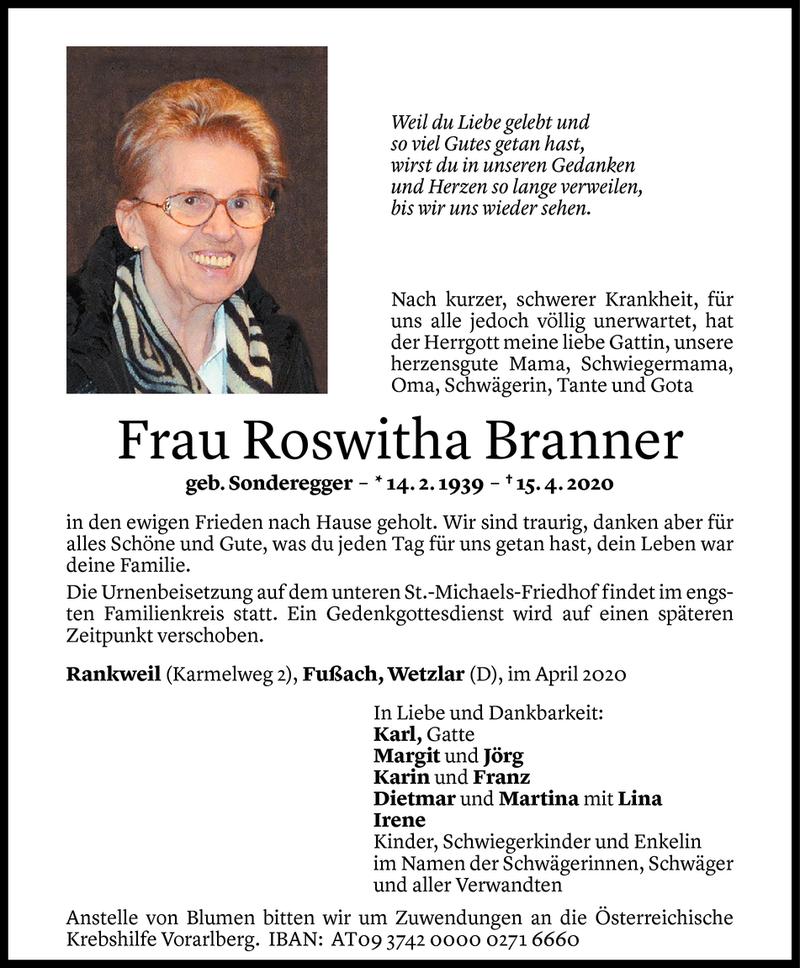  Todesanzeige für Roswitha Branner vom 18.04.2020 aus Vorarlberger Nachrichten