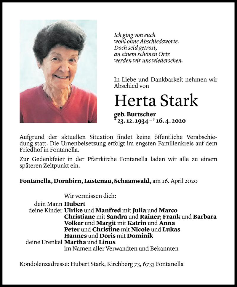  Todesanzeige für Herta Stark vom 17.04.2020 aus Vorarlberger Nachrichten